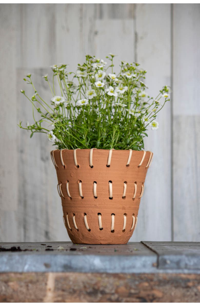 Foreside Home and Garden Natural Handthrown Terracotta Planter with Woven Rattan Accents, Alternate, color, Brown