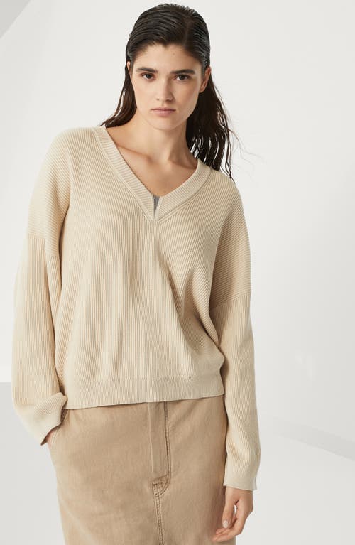 Brunello Cucinelli Cotton V-necked Sweater In Butter