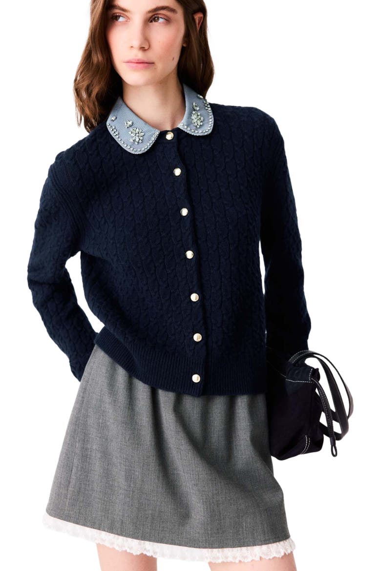 Cardigan with poplin collar, Alternate, color, Navy