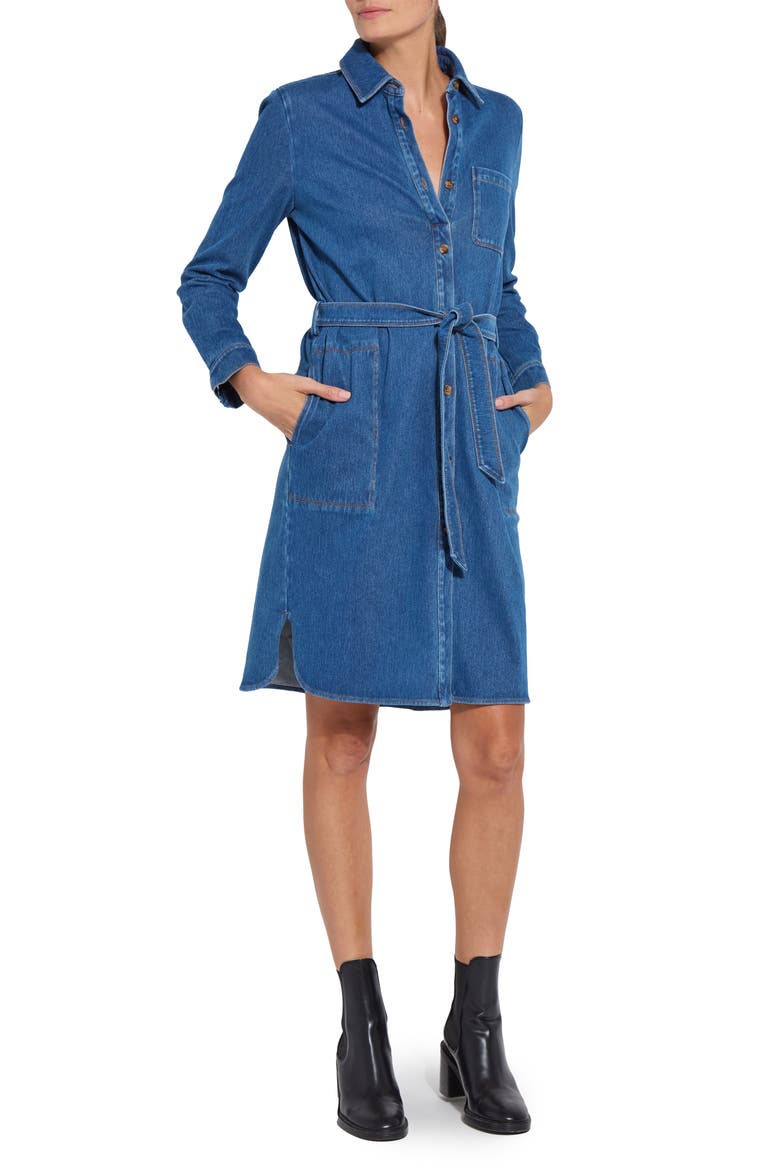 Schiffer Long Sleeve Stretch Cotton Chambray Shirtdress, Main, color, MEDIUM BLUE
