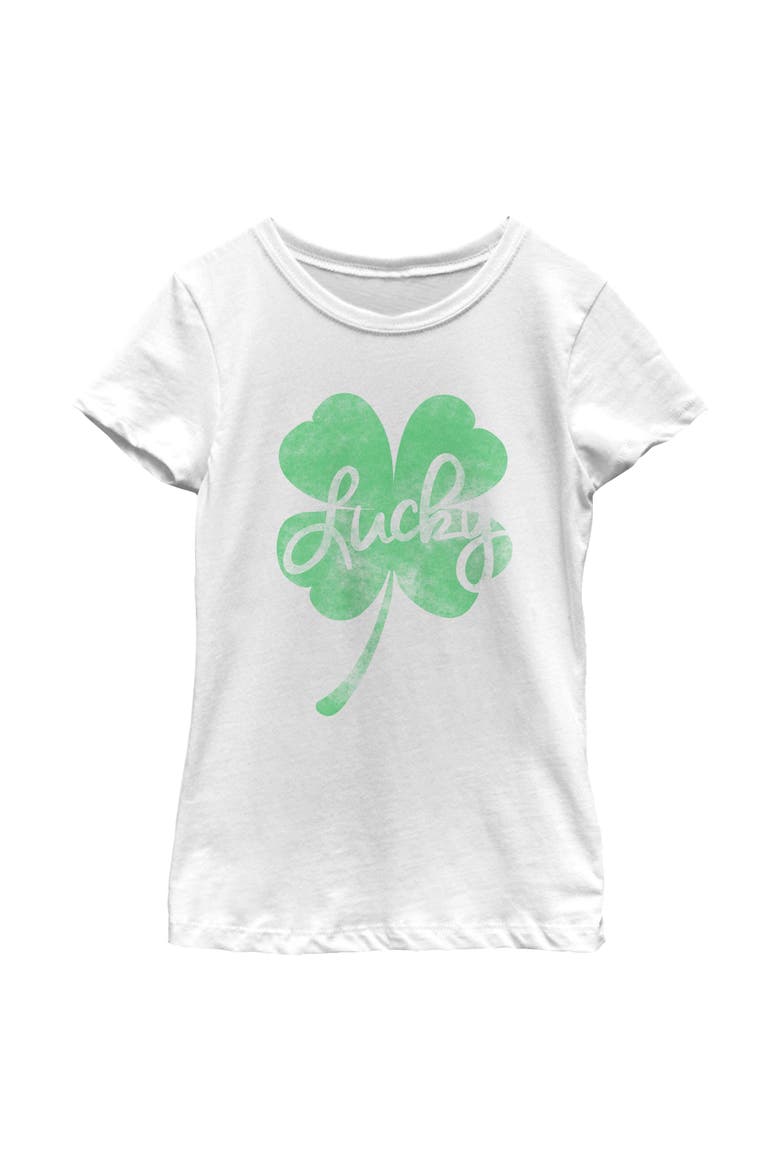 Girl's Lost Gods Distressed Green Lucky Clover  Graphic T-Shirt, Main, color, White