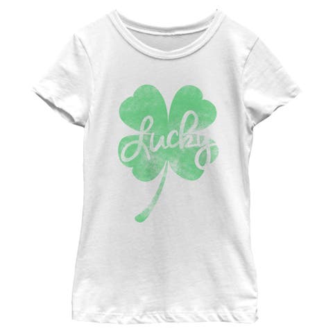 Girl's Lost Gods Distressed Green Lucky Clover  Graphic T-Shirt