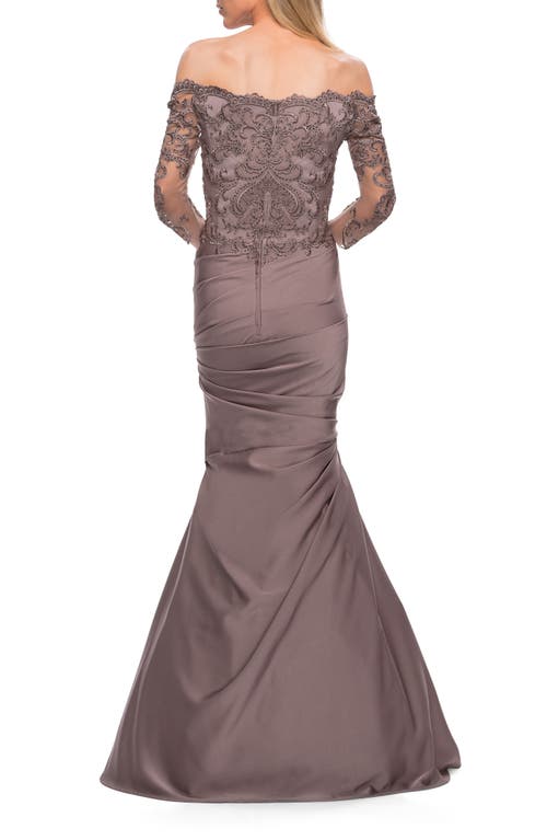 La Femme Off The Shoulder Lace Bodice Satin Mermaid Gown In Cocoa