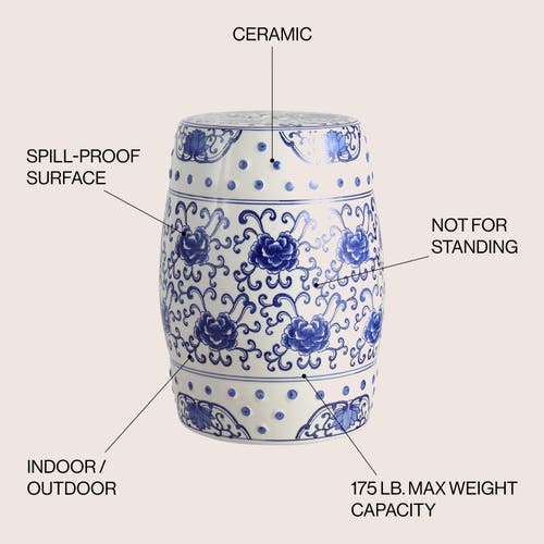Jonathan Y Lotus Flower 17.8" Chinoiserie Ceramic Drum Garden Stool In Blue/white