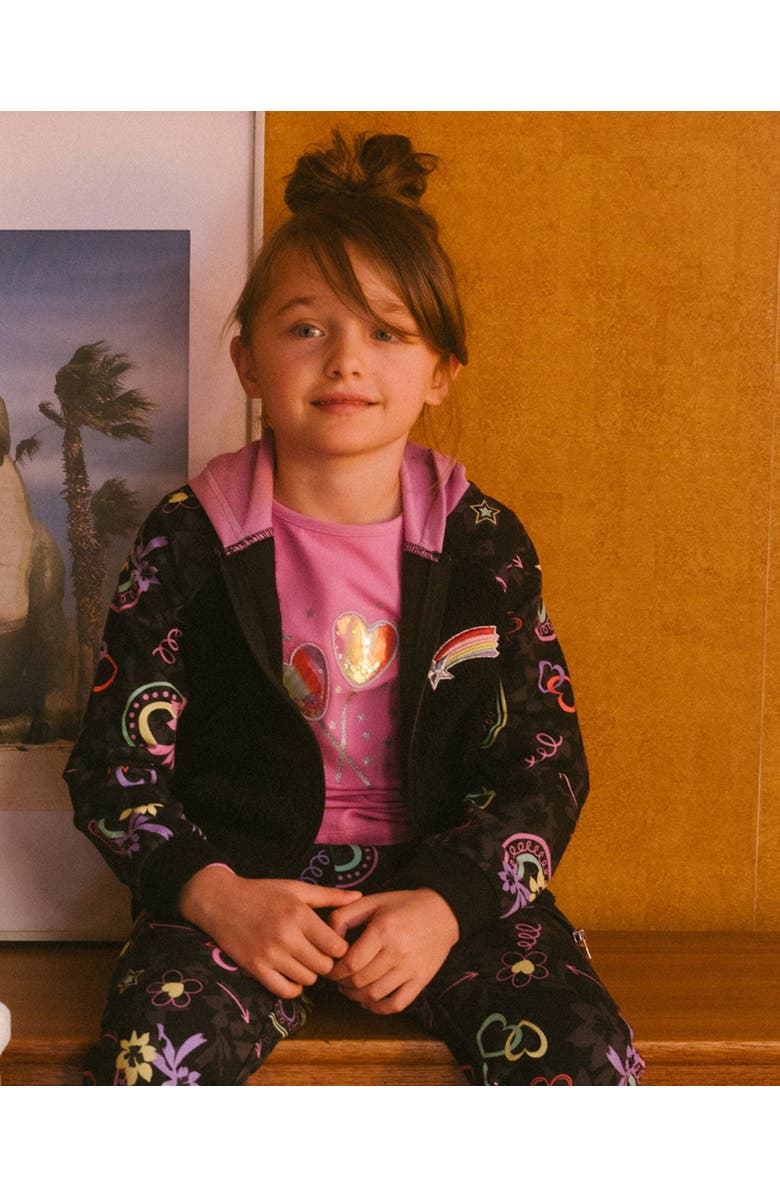 Deux par Deux Girl's Bi-Material French Terry And Soft Fleece Zip Hoodie Black, Alternate, color, 