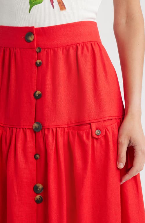 Farm Rio Mixed Buttons Linen Midi Skirt In Red