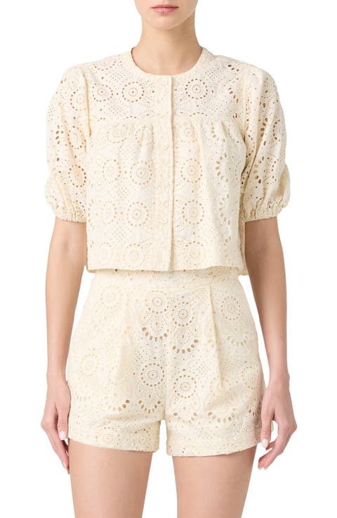 Embroidered Eyelet Cropped Cotton Top