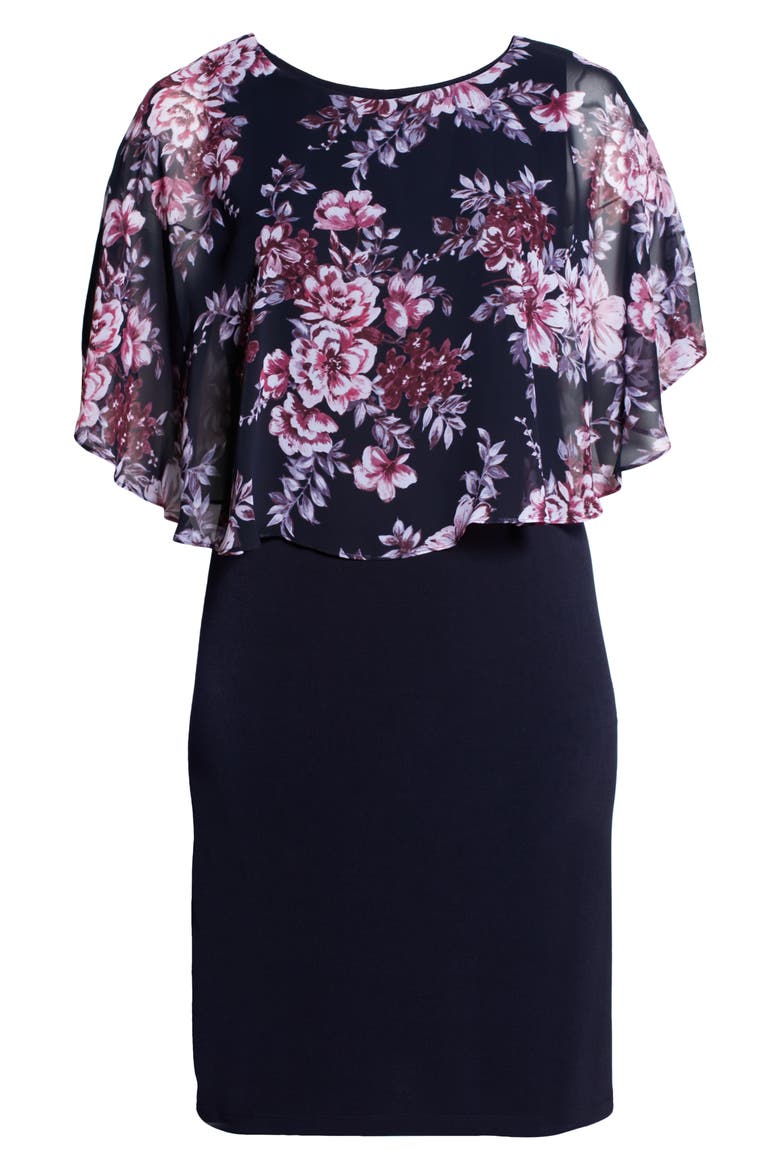 Floral Overlay Cape Dress, Alternate, color, NAVY