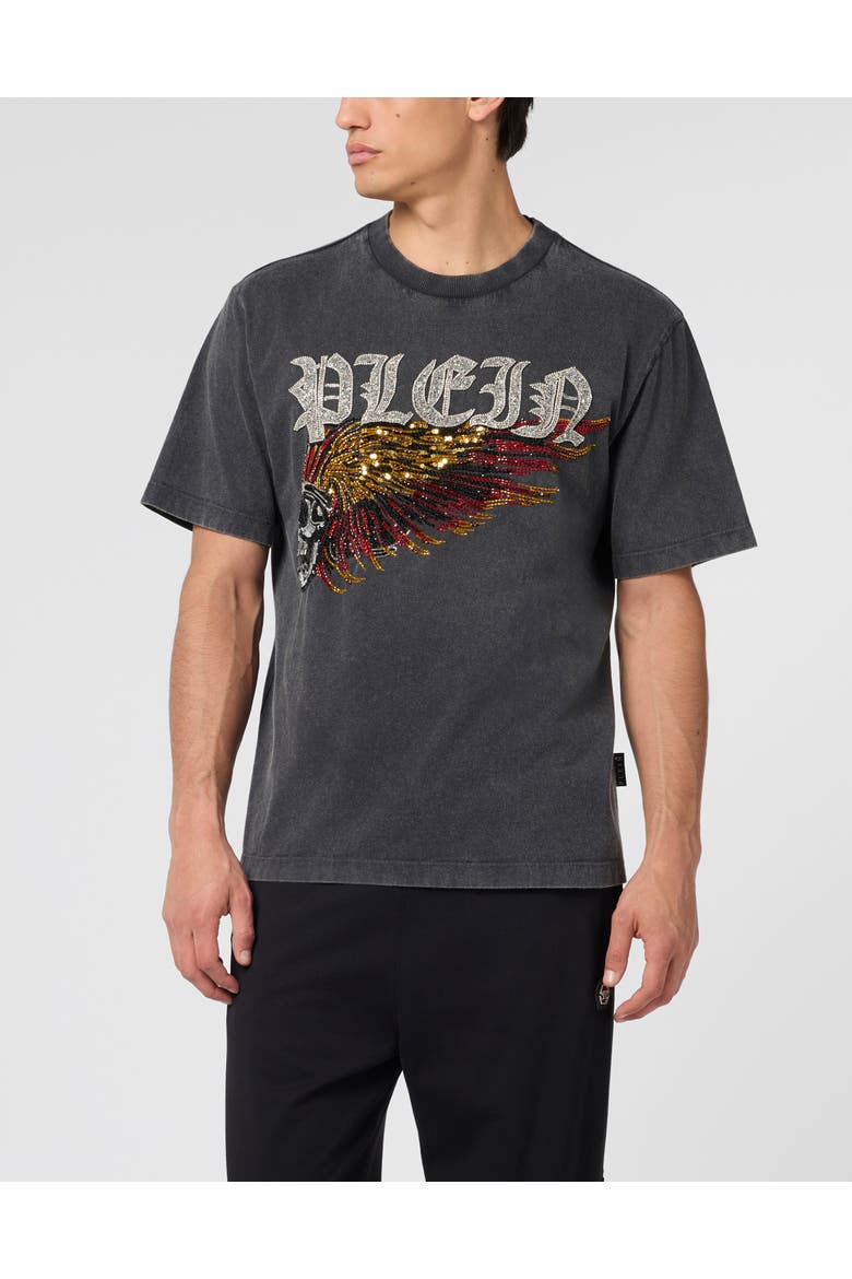 Washed Round Neck T-Shirt Eagle Skull Skull Men, Main, color, black