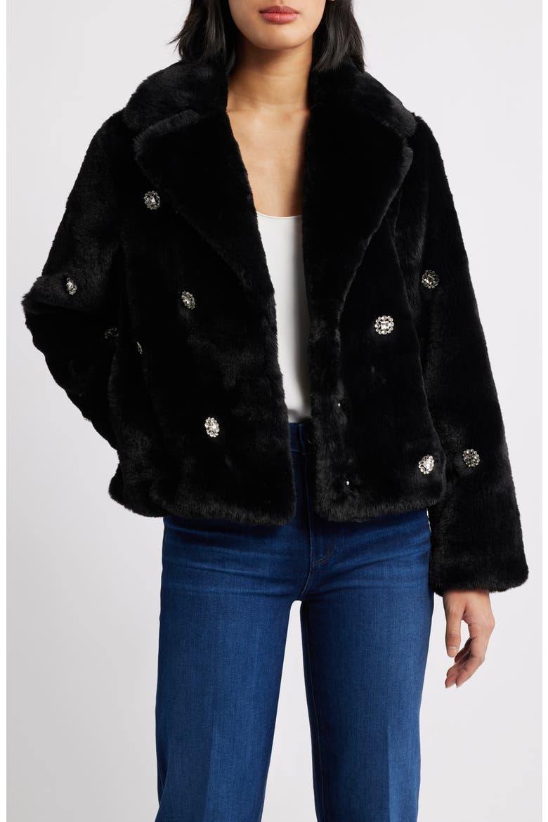 Rhinestone Button Faux Fur Jacket, Main, color, BLACK