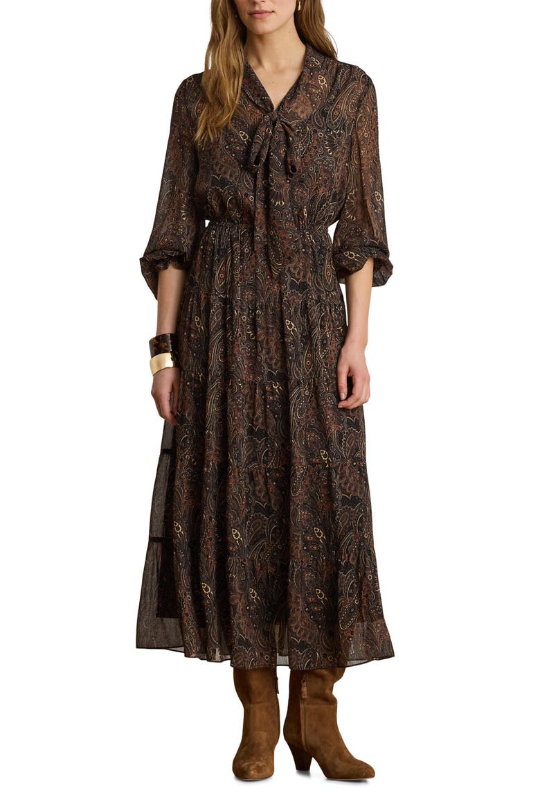 Paisley Crinkle Georgette Tiered Midi Dress, Main, color, BLACK/ MULTI