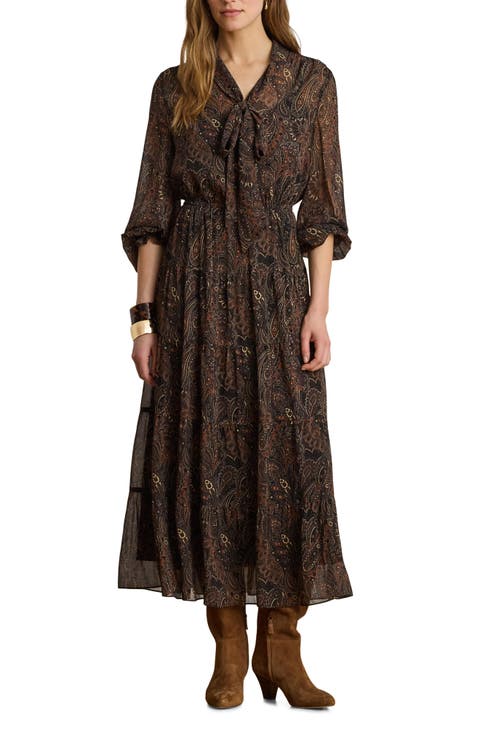 Paisley Crinkle Georgette Tiered Midi Dress