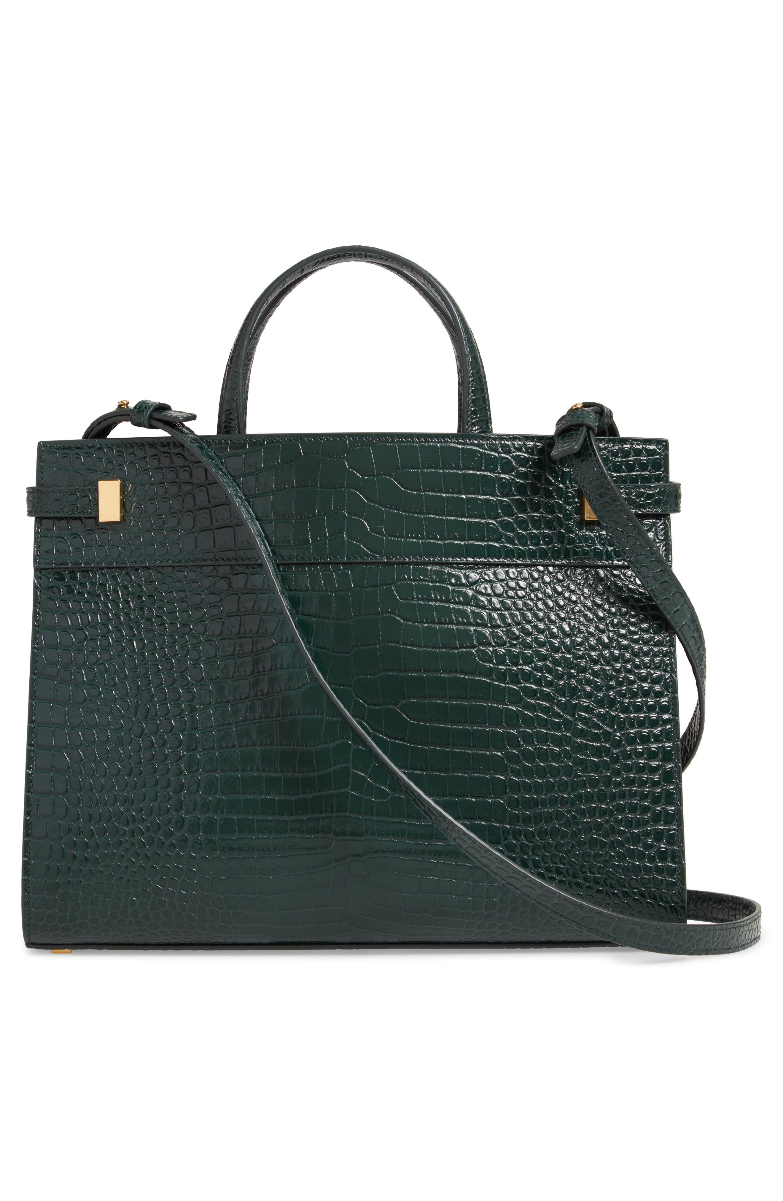 Saint Laurent Small Manhattan Croc Embossed Calfskin Satchel, Alternate, color, 
