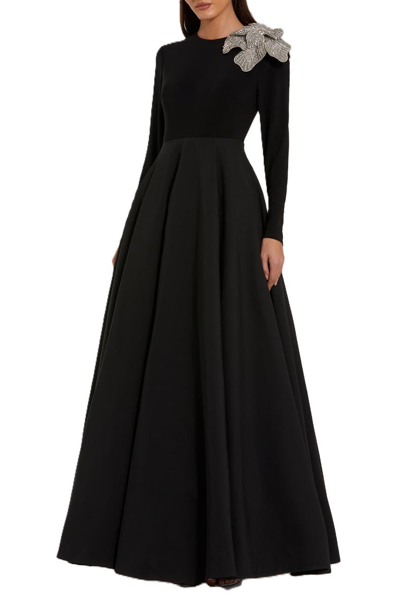 Mac Duggal Long Sleeve Taffeta 3D Flower Ball Gown, Main, color, Black