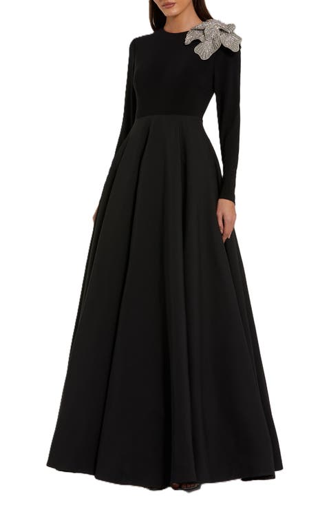 Long Sleeve Taffeta 3D Flower Ball Gown