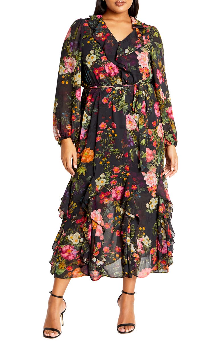 City Chic Bridgette Ruffle Long Sleeve Maxi Dress, Main, color, 