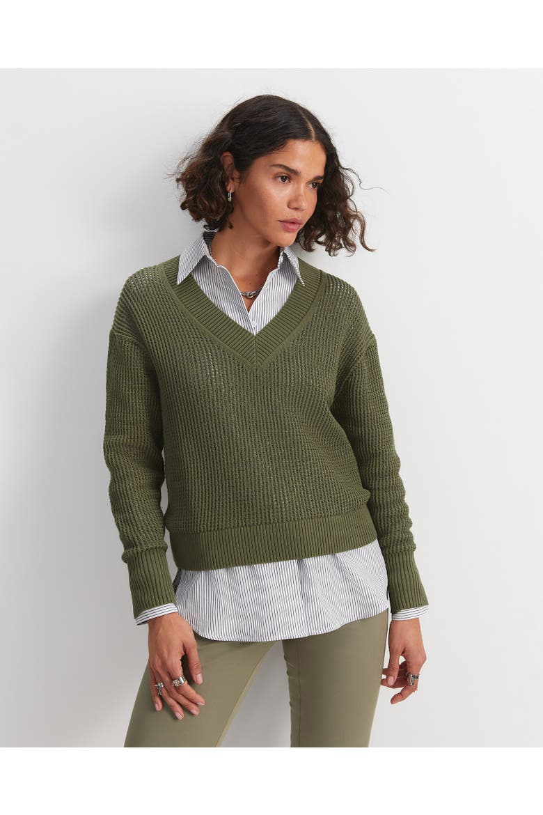 Cotton Crochet V-Neck Knitted Jumper, Main, color, Khaki