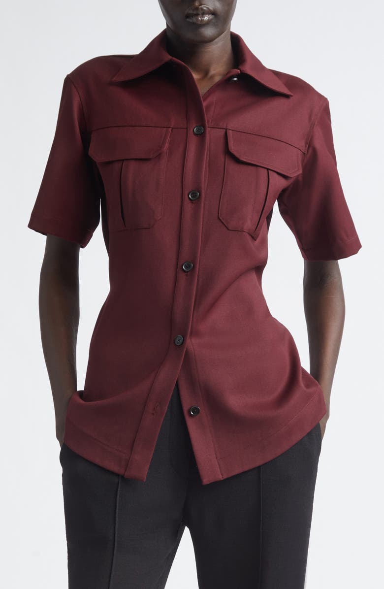 Proenza Schouler Nali Wool Blend Gabardine Button-Up Shirt, Main, color, Oxblood