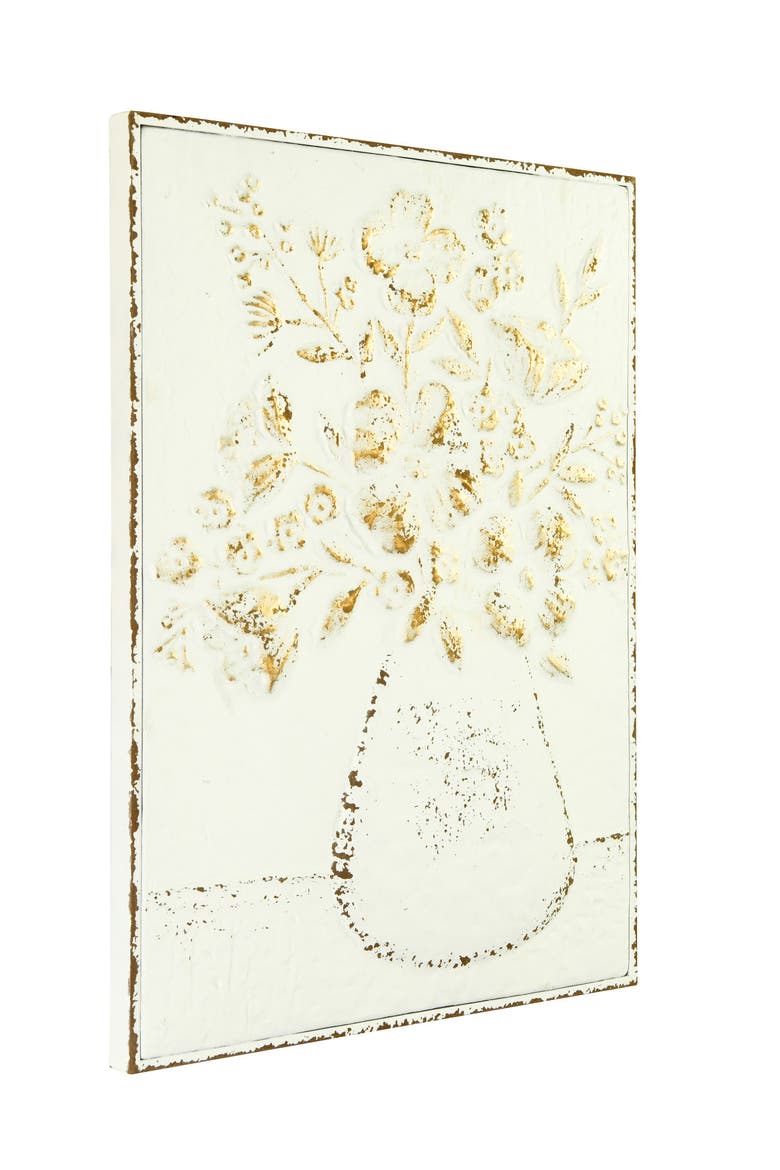 Embossed Metal Wall Art with Flowers in Vase, Distressed White and Gold, Alternate, color, Gold