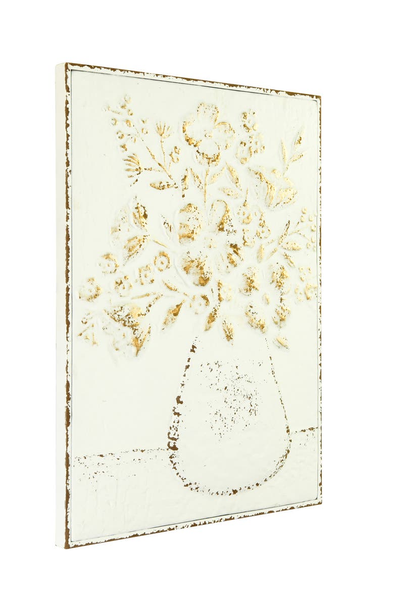 Storied Home Embossed Metal Wall Art with Flowers in Vase, Distressed White and Gold, Alternate, color, Gold