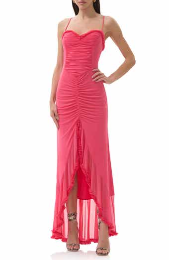 AFRM Cassian Ruched Detail Crossback Mesh Gown