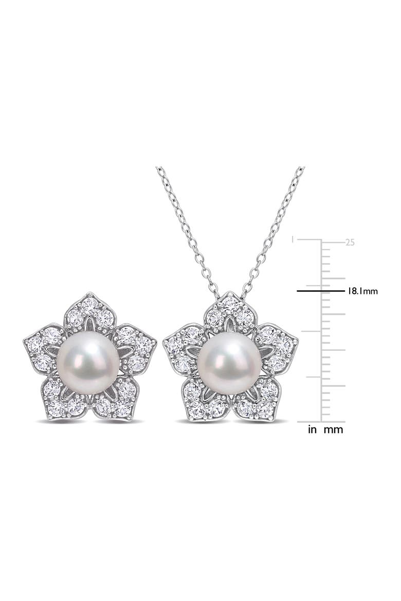Cultured Freshwater Pearl & Lab Grown White Sapphire Flower Necklace & Earrings Set, Alternate, color, WHITE