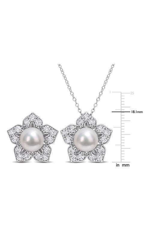 Delmar Cultured Freshwater Pearl & Lab Grown White Sapphire Flower Necklace & Earrings Set