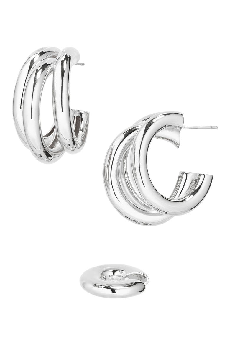 Triple Loop Hoop Earrings & Ear Cuff Set, Main, color, SILVER