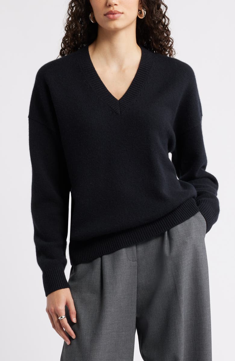 Nordstrom V-Neck Wool & Cashmere Sweater, Main, color, Black Rock