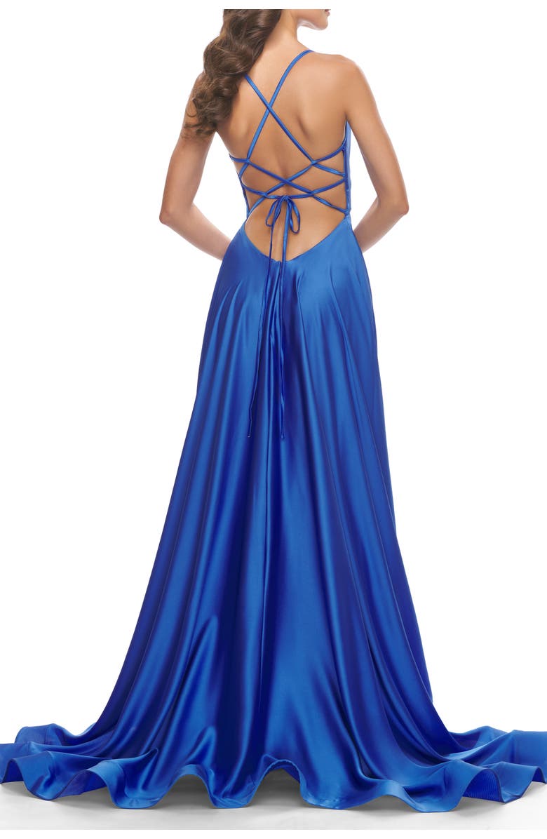 La Femme A-Line Satin Gown with Deep V and Slit, Alternate, color, Royal Blue