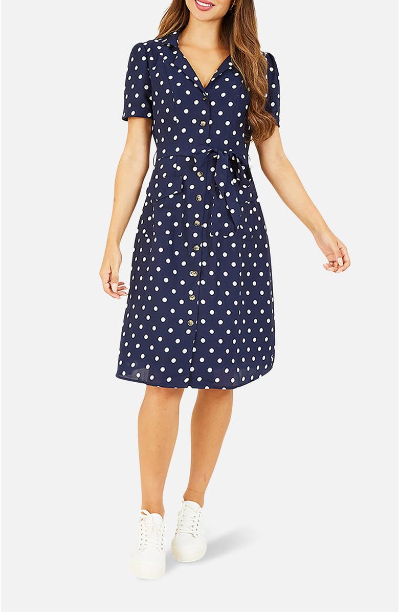Yumi Retro Shirt Polka Dot Dress, Alternate, color, Navy