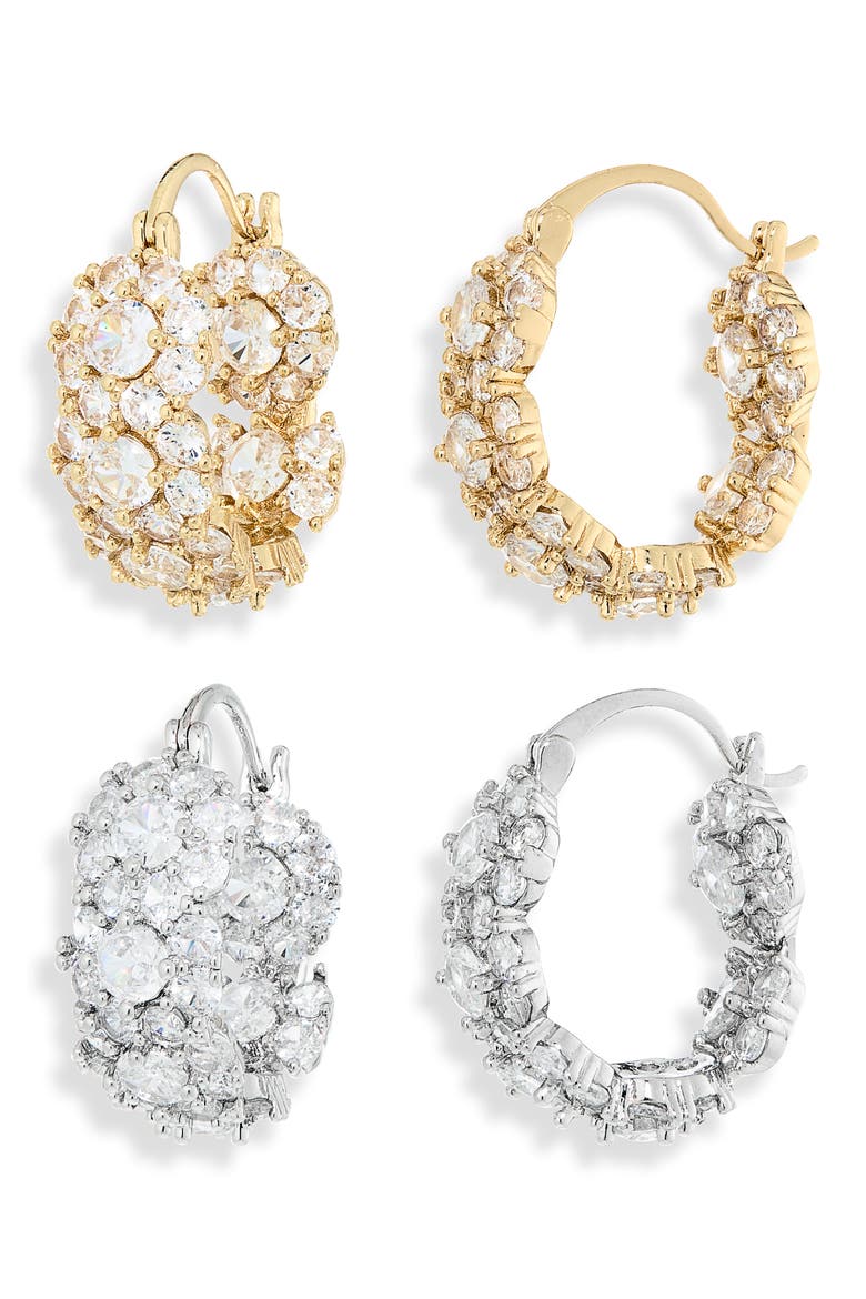 Set of 2 Cubic Zirconia Hoop Earrings, Main, color, GOLD/ SILVER