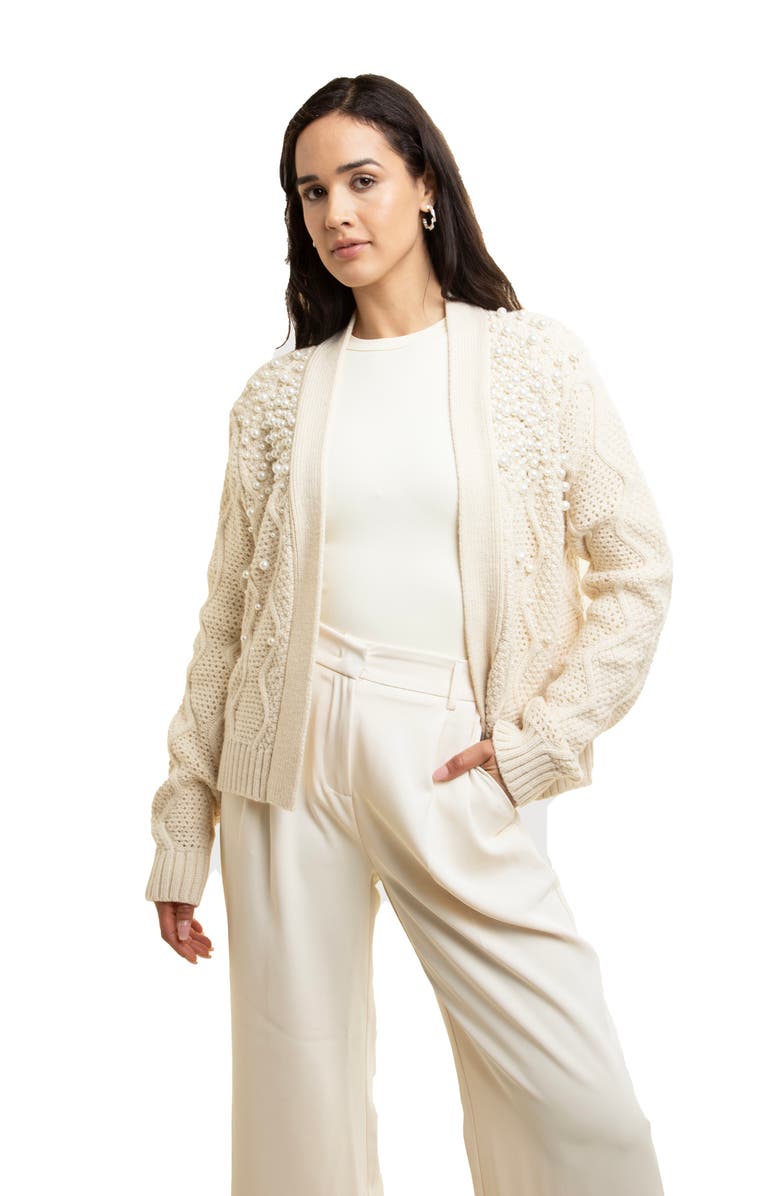 SAACHI Faux Pearl Open Knit Cardigan, Alternate, color, Ivory
