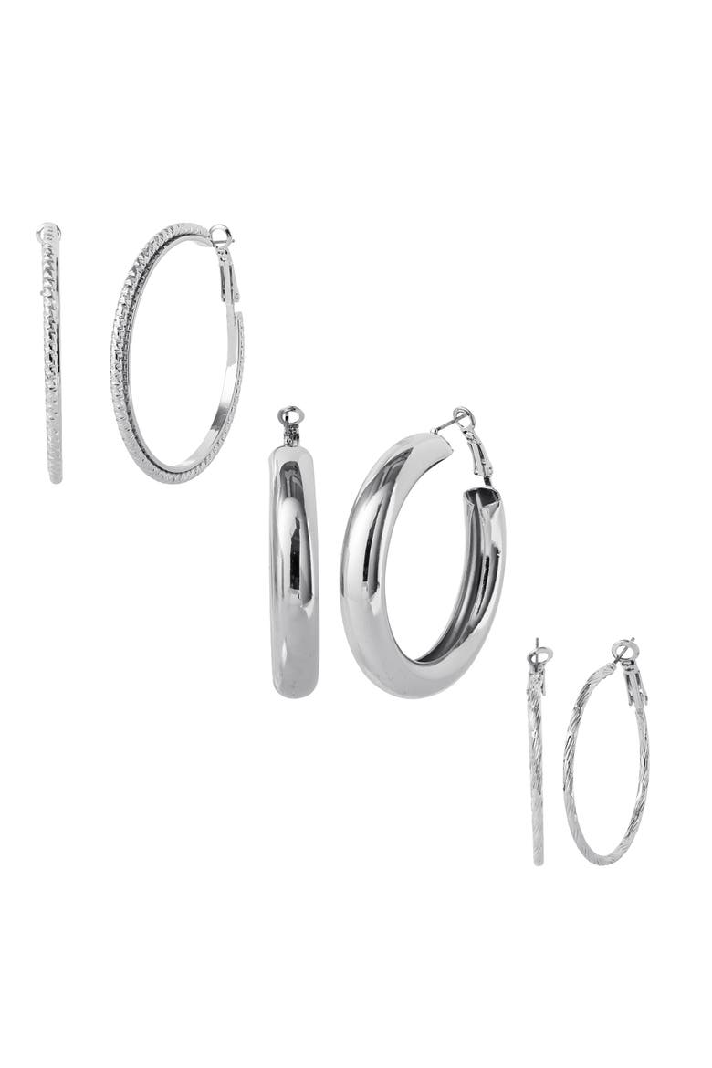 3-Piece Textured Silver-Tone Hoop Earring Set, Main, color, Silver