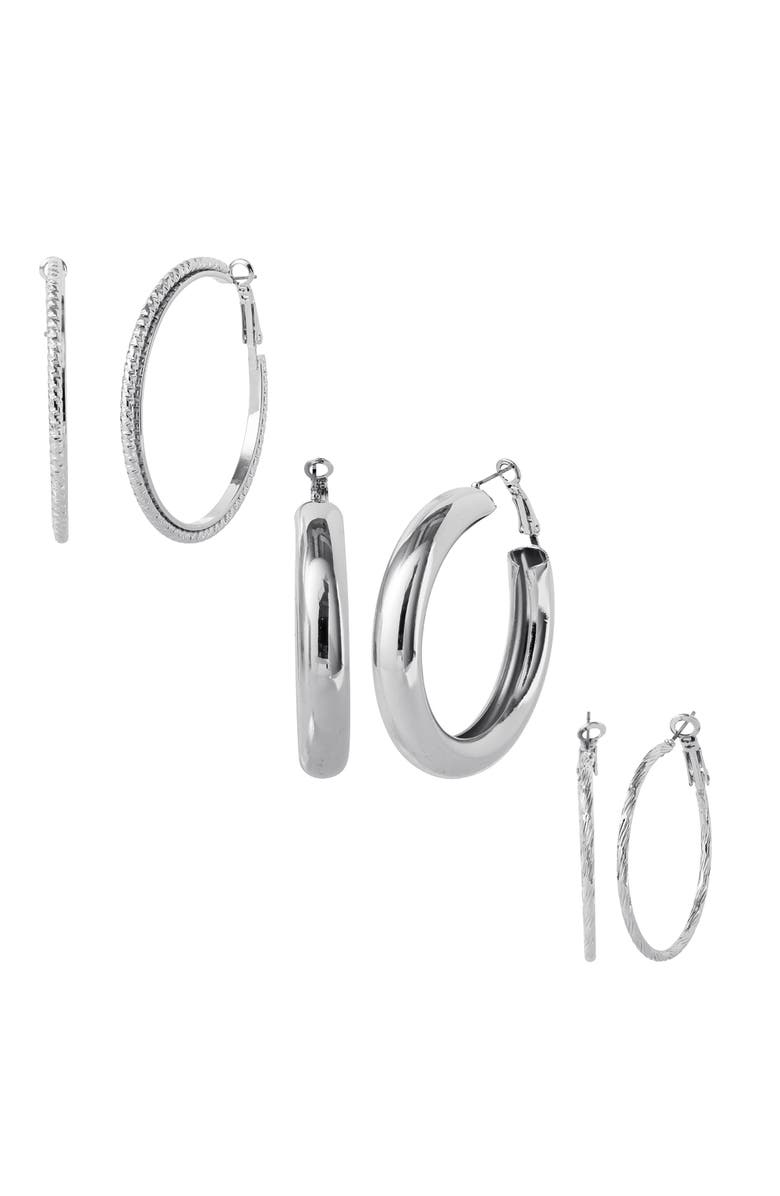 Jessica Simpson 3-Piece Textured Silver-Tone Hoop Earring Set, Main, color, Silver