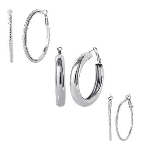 3-Piece Textured Silver-Tone Hoop Earring Set