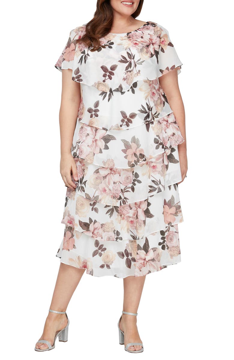 SL FASHIONS Floral Capelet Tiered Midi Dress, Main, color, Ivory/ Pink