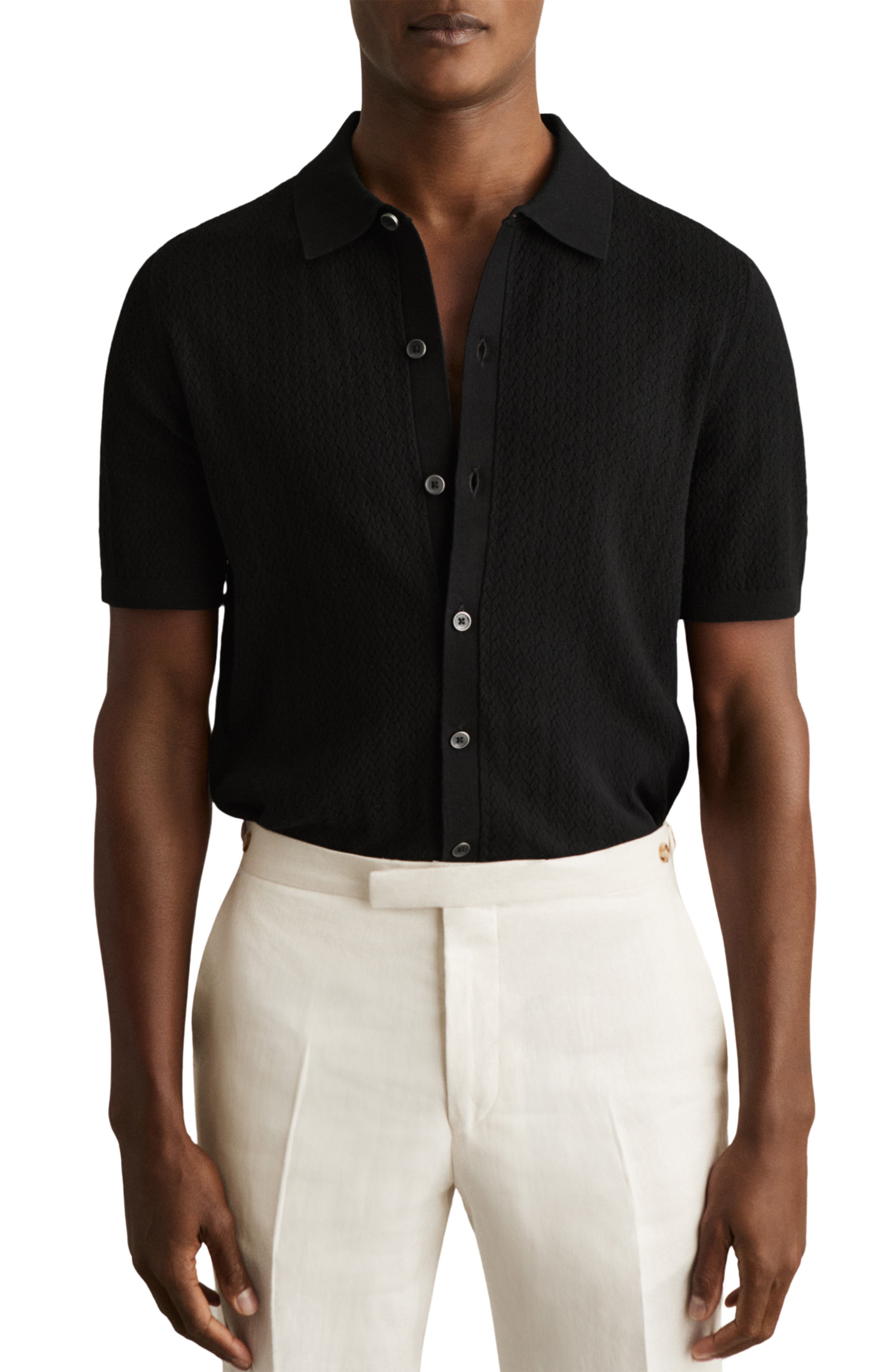 Reiss Thames Pointelle Knit Short Sleeve Button-Up Shirt