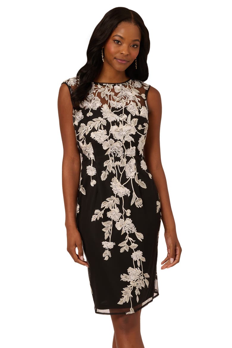 Border Embroidered Sheath Dress, Alternate, color, BLACK/ IVORY