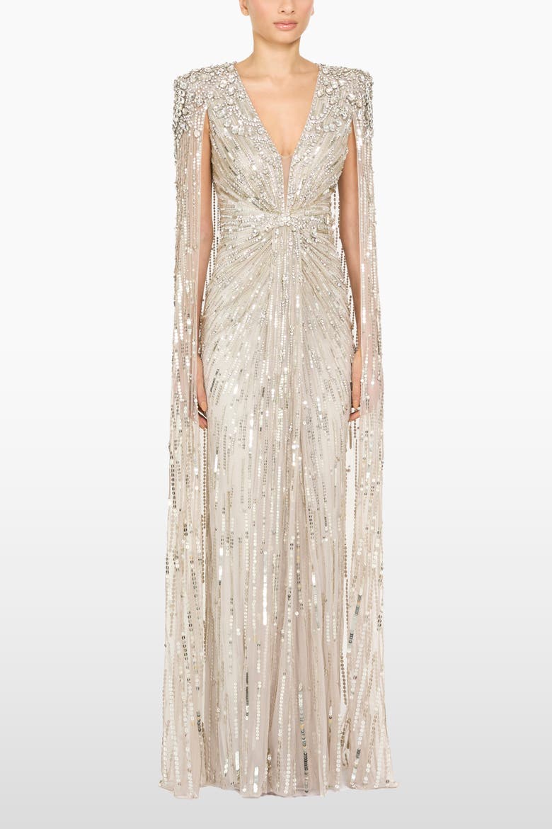 Lotus Lady Sequin-Embellished Cape Gown, Alternate, color, Platinum
