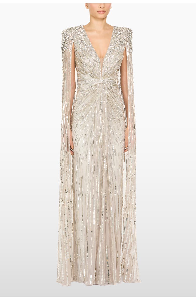 Jenny Packham Lotus Lady Sequin-Embellished Cape Gown, Alternate, color, Platinum