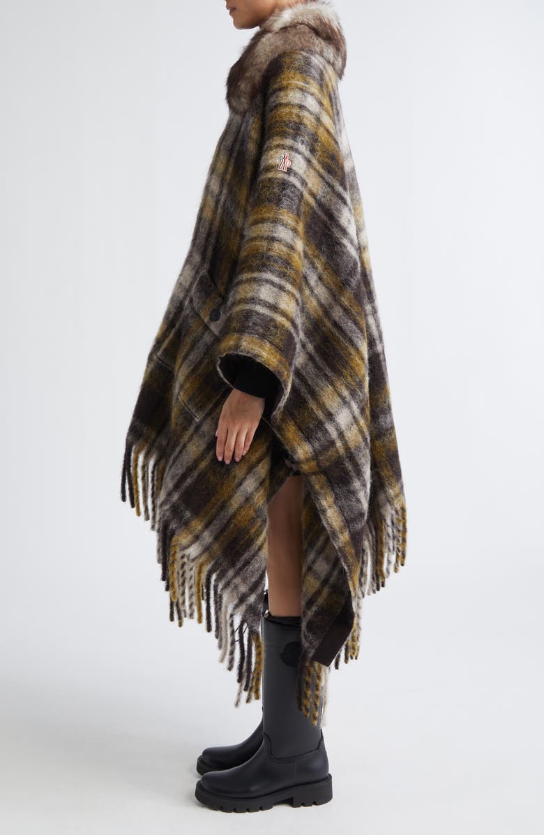 Moncler Grenoble Plaid Felt Cape with Genuine Shearling Collar, Alternate, color, Neutral