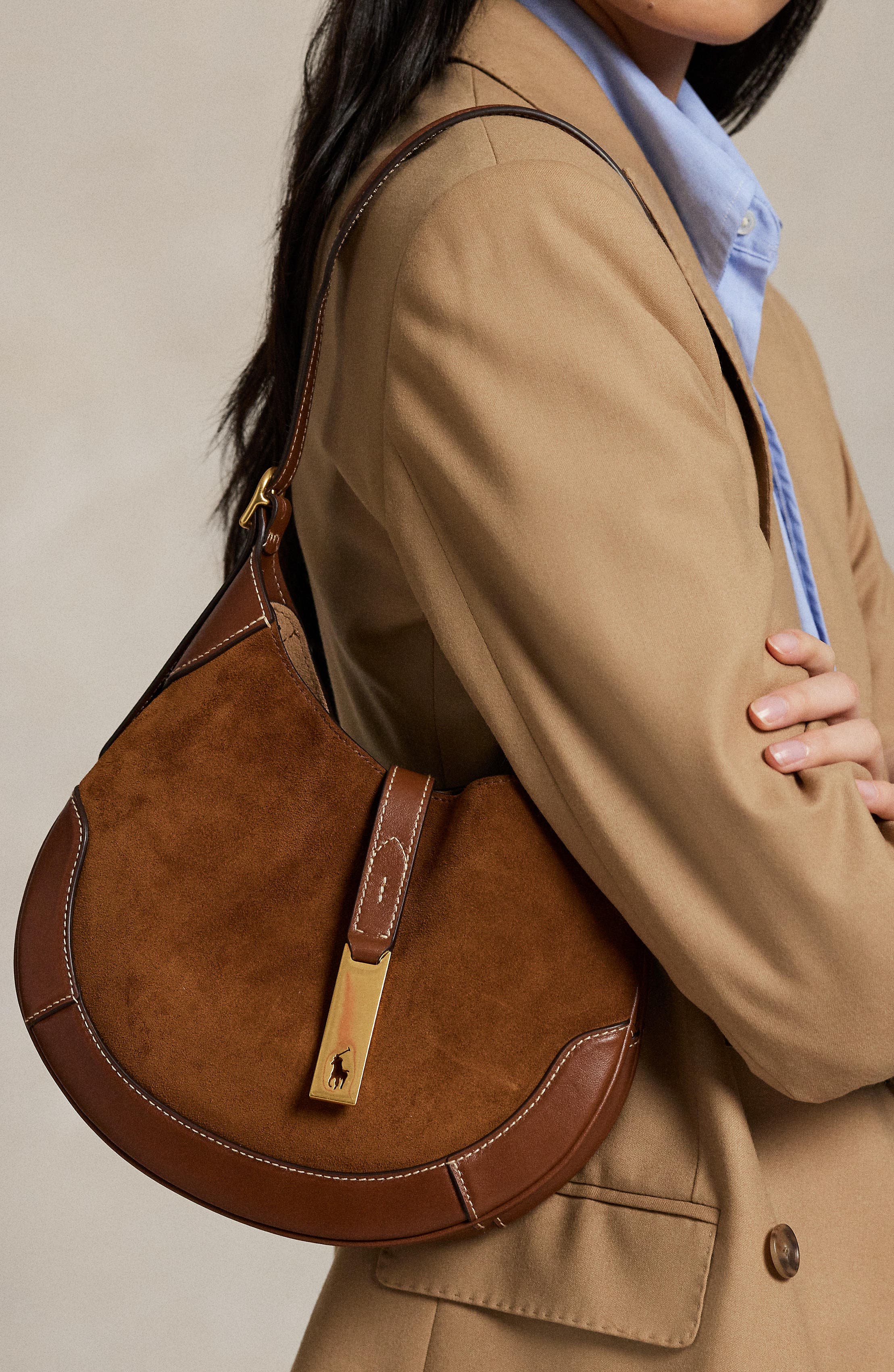 Polo Ralph Lauren Small Suede & Leather Shoulder Bag, Alternate, color, 