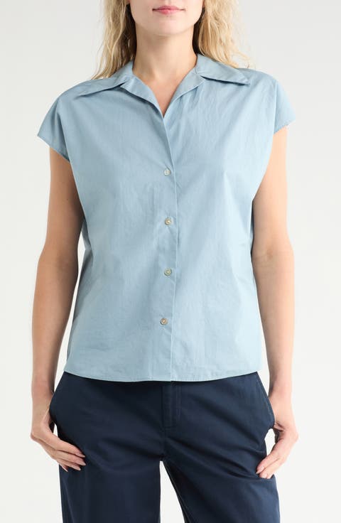 Cap Sleeve Cotton Button-Up Shirt