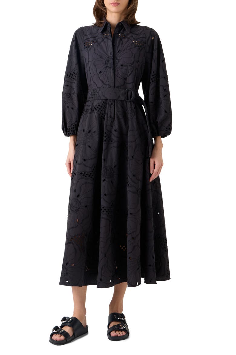 Floral Embroidered Eyelet Cotton Poplin Shirtdress, Main, color, BLACK