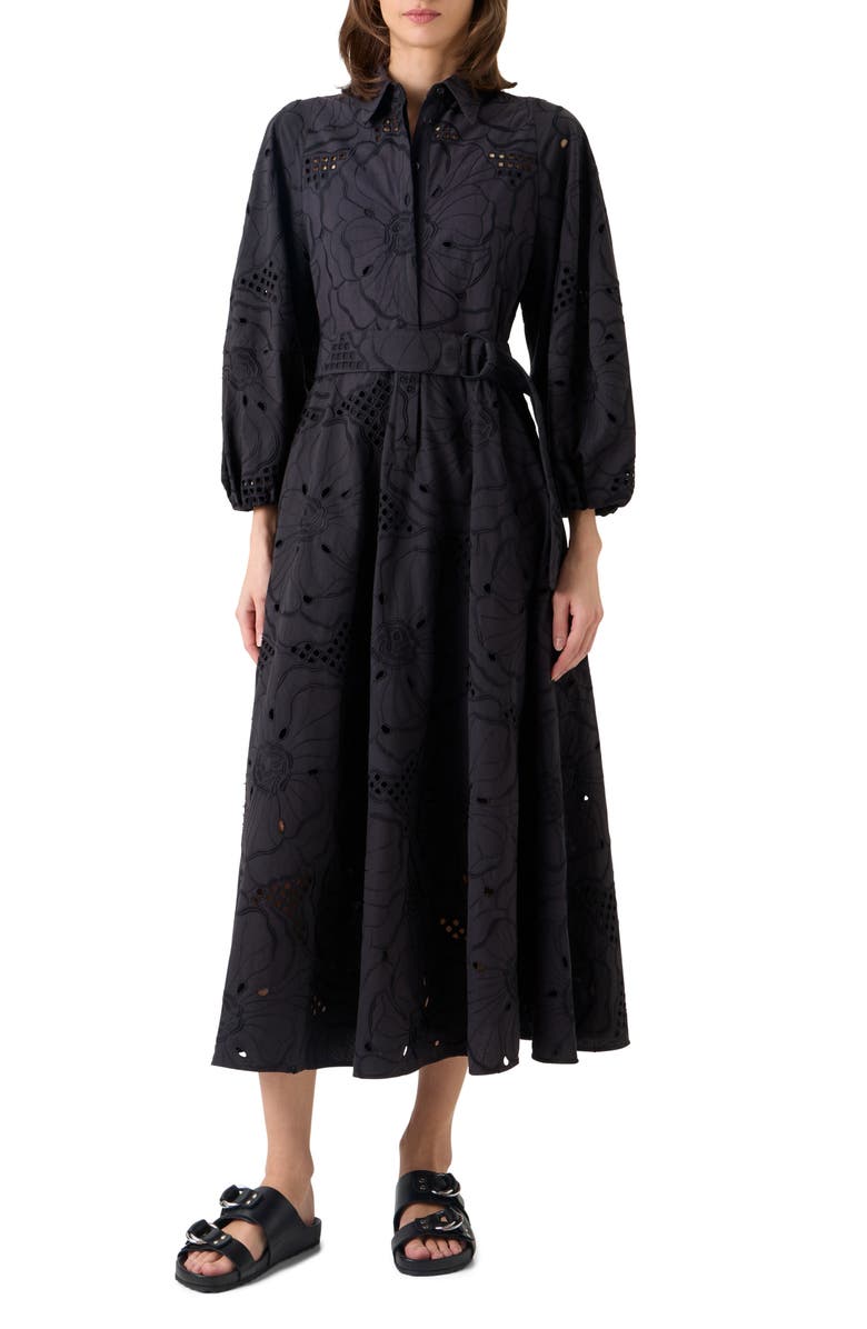 Akris punto Floral Embroidered Eyelet Cotton Poplin Shirtdress, Main, color, Black