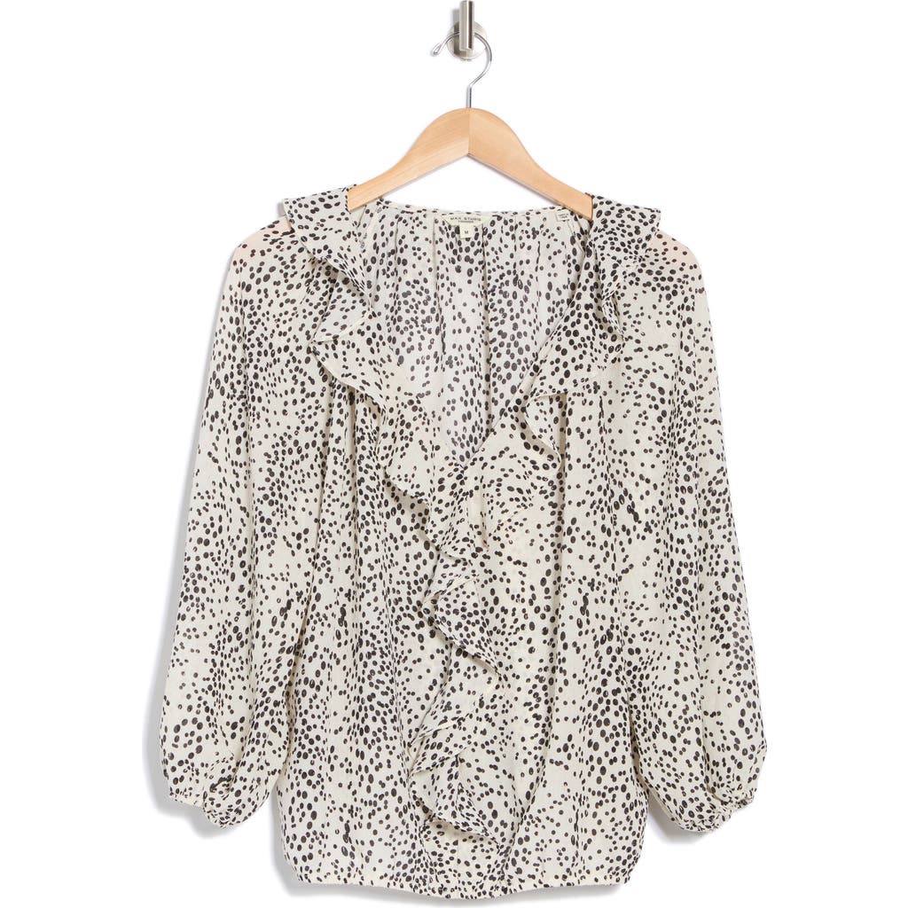 Max Studio Print Ruffle Front Three-quarter Sleeve Top In Ivory/dots