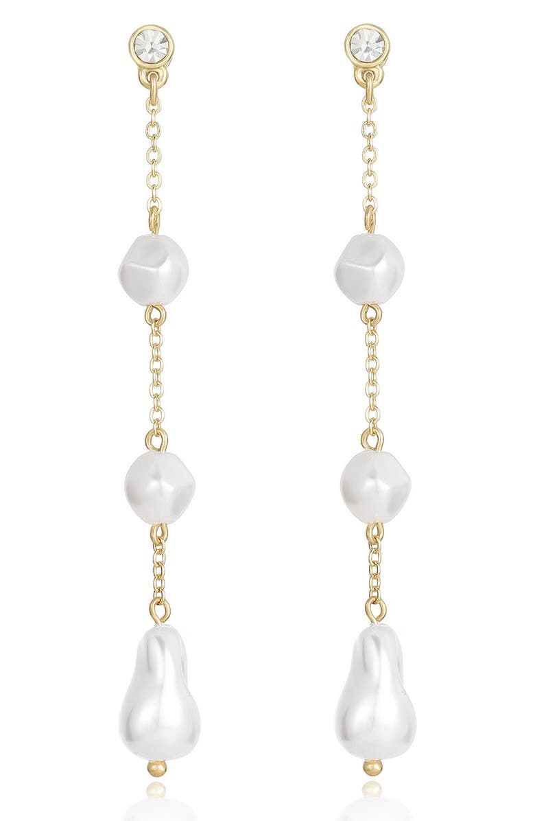Ettika Crystal & Faux Pearl Linear Drop Earrings, Alternate, color, Gold