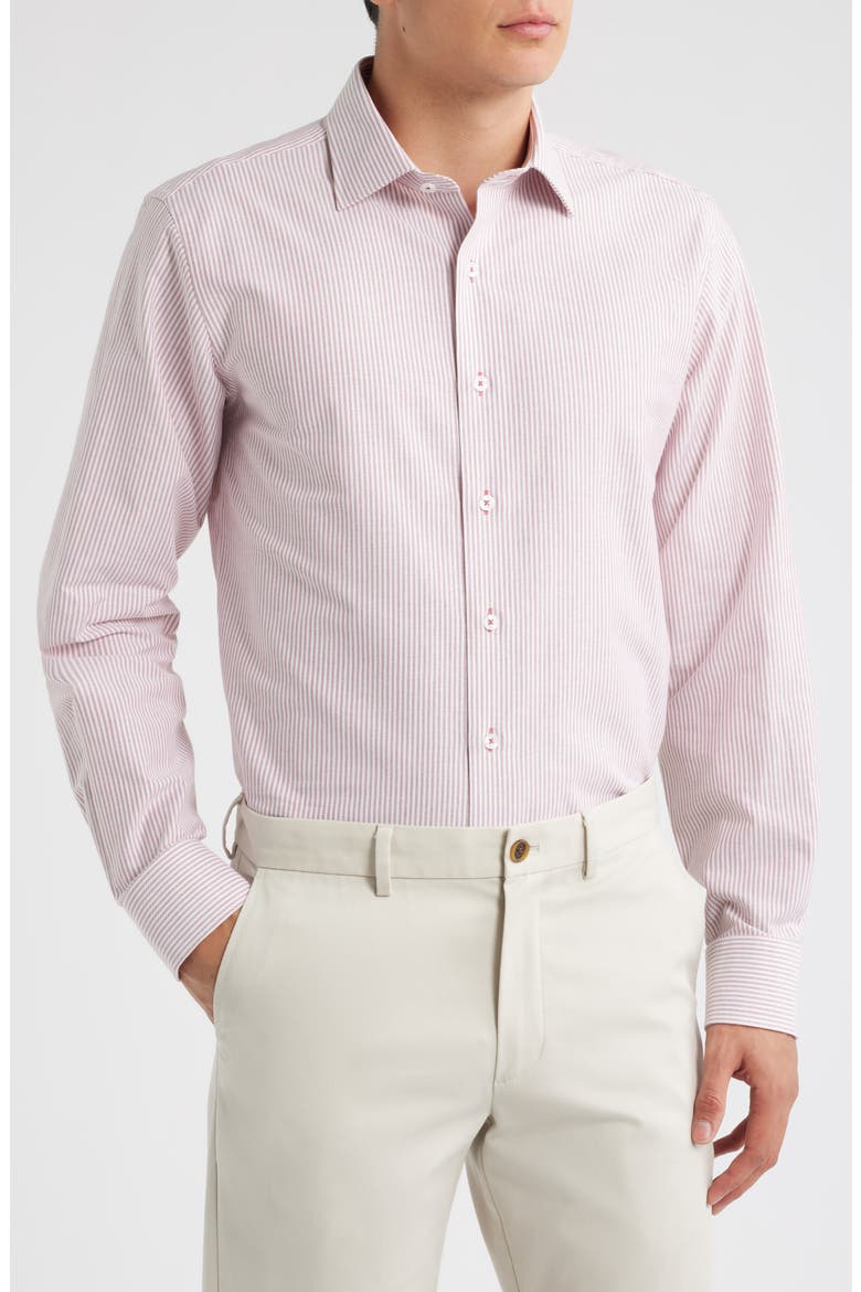 Trim Fit Stripe Cotton Oxford Cloth Dress Shirt, Main, color, DARK RED
