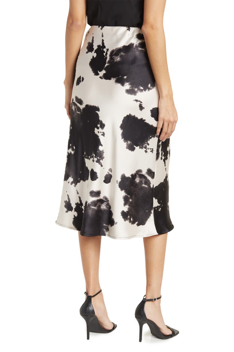 Satin Cow Print Midi Skirt, Alternate, color, BLACK
